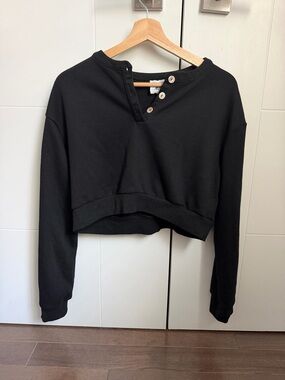 Princess Polly Black Cropped Button-Neck Sweatshirt